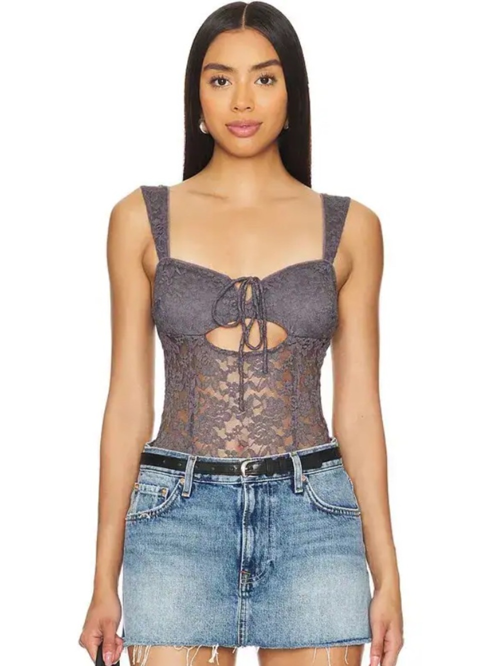Free People Charcoal Lace Tie-Front Square-Neck Bodysuit Strike A Pose Size M - Picture 1 of 11